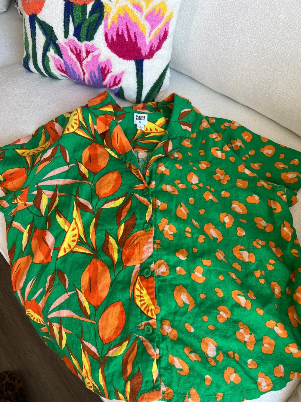 Woman’s Green and Orange Patchwork Floral Button-Down Linen Shirt - Picture 4 of 10
